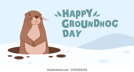 Vector banner of a cartoon groundhog emerging from his hole surrounded by snow. Groundhog against a winter landscape. Rodent illustration for children's books, covers, coloring books, postcards