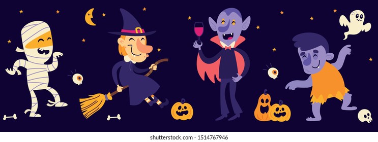 Vector Banner with cartoon Halloween Ghost, witch, mummy, monster, vampire, pumpkin and Bat. Scary characters.Website spooky or banner template.