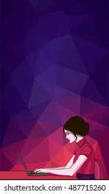 Vector banner of cartoon woman on laptop. Business woman surfing internet. Business woman with laptop in office - vector banner. Cartoon businesswoman on desk. Vector banner with laptop and woman