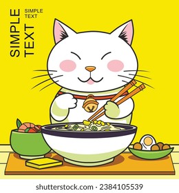 Vector banner with a cat. The cat eats noodles from a bowl with chopsticks.