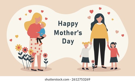 Vector banner celebrating Happy Mother's Day. Features mothers with baby and daughters, surrounded by flowers and hearts. Ideal for greetings and web graphics.
