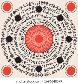 Vector banner with cells of coronavirus and magic runes in retro style. A hand-drawn illustration with virus COVID-19 virions and doodles that imitate magic symbols but do not give information