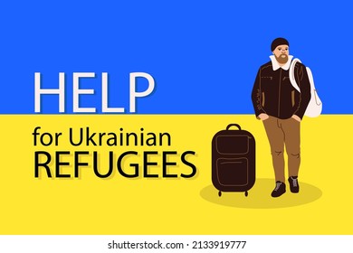 Vector banner with the character of a refugee man with a backpack and a suitcase. Help Ukrainian refugees. Ukrainian male refugee. Ukrainian flag. Humanitarian assistance to a refugee from Ukraine.