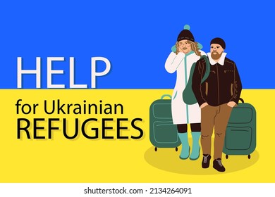 Vector banner with the character of a refugee woman and man with a suitcases. Help Ukrainian refugees. Ukrainian male refugee. Ukrainian flag. Humanitarian assistance to a refugee from Ukraine.