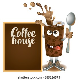 Vector banner with cheerful cup of coffee and blackboard with inscription Coffee house