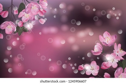 Vector banner with Cherry Blossom. Blossoming sakura branch. Template for invitation, sales, packaging, cosmetics, perfume. Space for text.