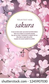 Vector banner with Cherry Blossom. Blossoming sakura branch. Template for invitation, sales, packaging, cosmetics, perfume. Space for text.