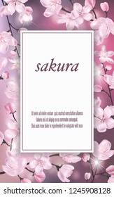 Vector banner with Cherry Blossom. Blossoming sakura branch. Template for invitation, sales, packaging, cosmetics, perfume. Space for text.