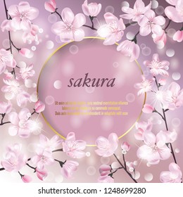 Vector banner with Cherry Blossom. Blossoming sakura branch. Template for invitation, sales, packaging, cosmetics, perfume. Space for text.