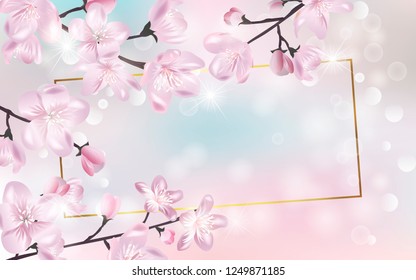 Vector banner with Cherry Blossom. Blossoming sakura branch. Template for invitation, sales, packaging, cosmetics, perfume. Space for text.