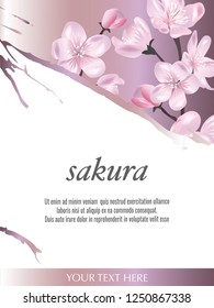 Vector banner with Cherry Blossom. Blossoming sakura branch. Template for invitation, sales, packaging, cosmetics, perfume. Space for text.