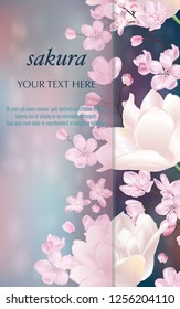 Vector banner with Cherry Blossom and tulips for invitation, sales, packaging, cosmetics, perfume. Space for text.
