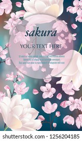 Vector banner with Cherry Blossom and tulips for invitation, sales, packaging, cosmetics, perfume. Space for text.