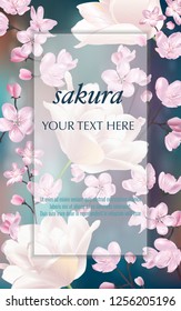 Vector banner with Cherry Blossom and tulips for invitation, sales, packaging, cosmetics, perfume. Space for text.