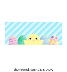 Vector banner with chick, shell on blue background. Banner isolated on white background.