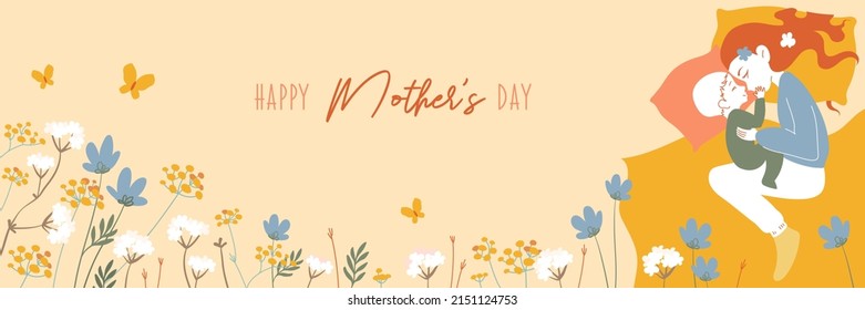 Vector banner with child kissing mother and hearts for mother's day