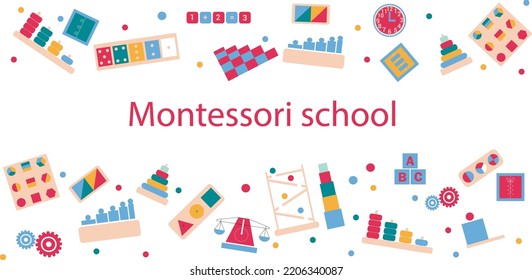 Vector banner with children wooden ecological educational logic toys, busy boards for preschool kids. Montessori school kindergarten system for early childhood development