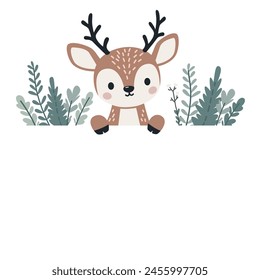 Vector banner in children's style. Cute reindeer looking out from behind the banner, plants and flowers in Scandinavian style 