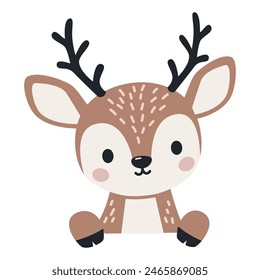 Vector banner in children's style. Cute reindeer looking out from behind the banner