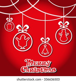Vector banner Christmas balls with silhouette Santa Claus, christmas tree, gift sock, snowflakes and hand drawn text Happy New Year on red gradient background
