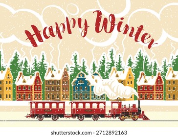 Anuncio de Vector, tarjeta de Navidad. Paisaje invernal con casas coloridas, nubes en el cielo, abetos cubiertos de nieve en la calle y una locomotora de vapor. Ilustración de estilo de dibujos animados. Sin ayuda
