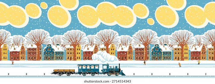 Anuncio de Vector, tarjeta de Navidad. Paisaje invernal con casas coloridas, nubes en el cielo, abetos cubiertos de nieve en la calle y una locomotora de vapor. Ilustración de estilo de dibujos animados. Sin ayuda