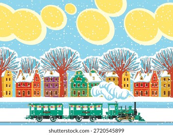 Vector banner, Christmas card. Winter landscape with colorful houses, clouds in the sky, snow-covered fir trees on the street, and a steam locomotive. Cartoon style illustration. No ai