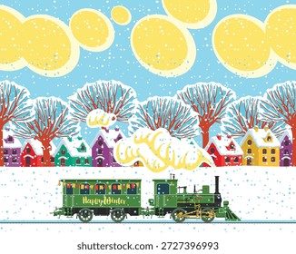 Anuncio de Vector, tarjeta de Navidad. Paisaje invernal con casas coloridas, nubes en el cielo, abetos cubiertos de nieve en la calle y una locomotora de vapor. Ilustración de estilo de dibujos animados. Sin ayuda