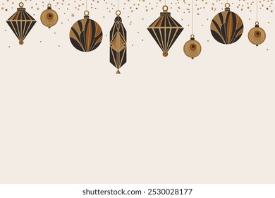 Vector banner with Christmas glass tree toys in Art Deco style Hand drawn background with flat elegant festive New Year decor. Modern winter Xmas border for design, flyer, card, poster, congratulation