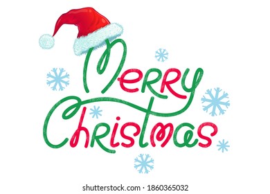 Vector banner for Christmas with hand drawing lettering and santa hat. Retro banner for Christmas with snowflakes.