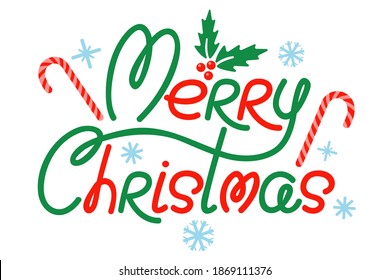 Vektorbanner zu Weihnachten mit handgezeichneter Schrift und Plakaten. Retro-Banner zu Weihnachten mit Schneeflocken, Bonbons und Pflanzen.