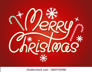 Vektorbanner zu Weihnachten mit handgezeichneter Schrift und Pflanzen. Retro Banner für Weihnachten mit Schneeflocken und Bonbons.