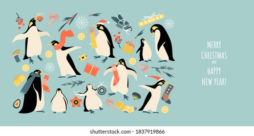 Vector banner for Christmas and New Year with funny penguins, decorations and gifts. Cartoon images in flat style