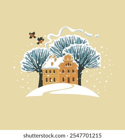 Vector banner or christmas or new year greeting card with winter landscape. Decorative illustration with cute house, snowy trees on a snow-covered hill and a couple of red birds on a beige background