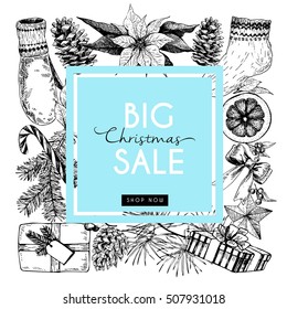Vector banner for Christmas sale. Hand drawn vintage elements in round border composition. Xmas shopping offer. Use for promotion, branding, advertisement, shopping, market, store, fashion, holiday