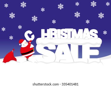 Vector banner Christmas sale with Santa Claus write text from big letters on snow