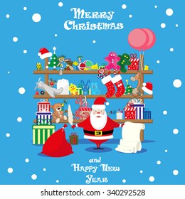 Vector banner Christmas shop with Santa Claus and gifts, toys, dolls and present box isolated on blue background
