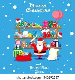 Vector banner Christmas shop with Santa Claus and gifts, toys, dolls and present box isolated on blue background