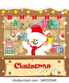 Vector banner Christmas shop with Santa Claus and gifts, toys, dolls and present box isolated on blue background