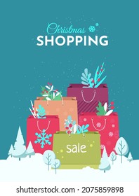 Vector banner - Christmas shopping. Shopping bags and gifts. Christmas sale. Winter flyer design. Botany for the new year.