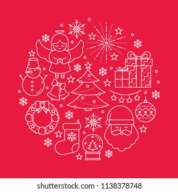 Vector banner with Christmas symbols made in a shape of circle, linear style. Festive poster template, greeting card print. Happy New Year