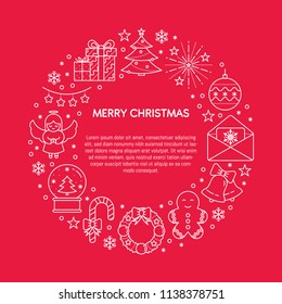 Vector banner with Christmas symbols made in a shape of circle, linear style, with a place for text. Festive poster template, greeting card print. Happy New Year