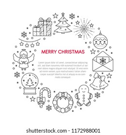 Vector banner with Christmas symbols made in a shape of circle, linear style, with a place for text. Festive poster template, greeting card print. Happy New Year