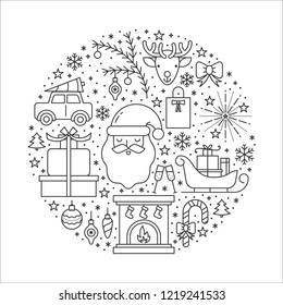 Vector banner with Christmas symbols made in a shape of circle, linear style. Festive poster template, greeting card print. Happy New Year