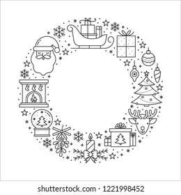 Vector banner with Christmas symbols made in a shape of circle, linear style, with a place for text. Festive poster template, greeting card print. Happy New Year. Merry  Christmas