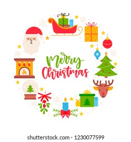 Vector banner with Christmas symbols made in a shape of circle, flat style, with a place for text. Festive poster template, greeting card print. Happy New Year. Merry Christmas