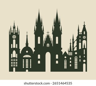 Vector banner with Church of Our Lady before Tyn, cityscape of Prague in Czech. Old town architecture. Tourist postcard, language school, restaurant or cafe menu, logo, label, packaging. No ai