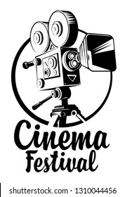 Vector banner for cinema festival with old-fashioned movie projector and calligraphic inscription. Black and white illustration or icon, can be used for flyer, banner, poster, web page, background