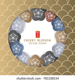 Vector banner circle frame with cherry blossom on gold background. Chinese characters mean cherry blossom.