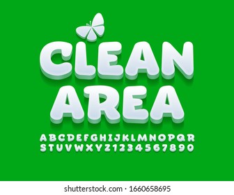 Vector banner Clean Area with decorative Butterfly, Playful 3D Font. White Alphabet Letters and Numbers